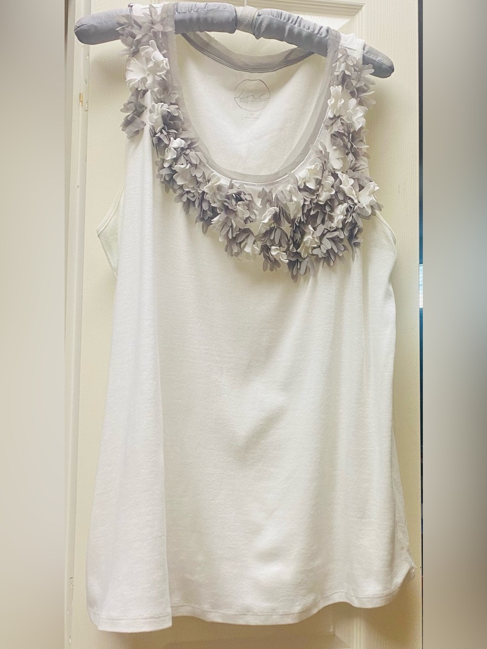 Women’s White Tank Top with Gray 3 D Floral Trim